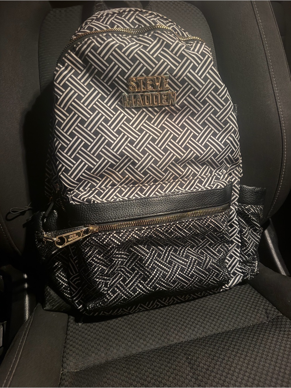 Steve Madden Black and White Geometric Backpack with Gold Accents